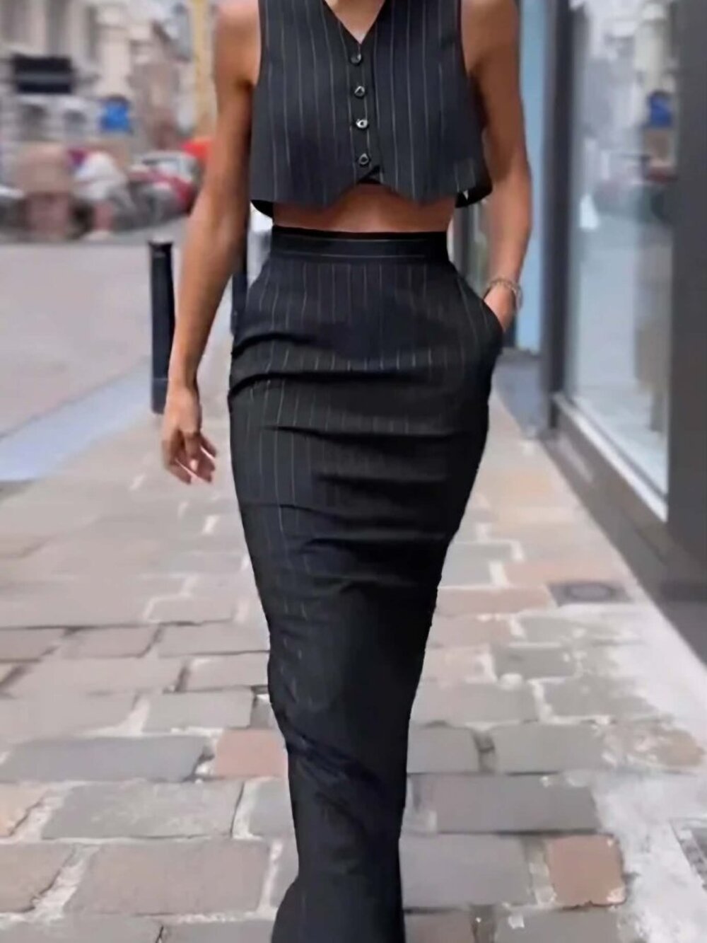 Pinstripe Button Crop Two Pieces Skirt Set - Picture 5 of 5